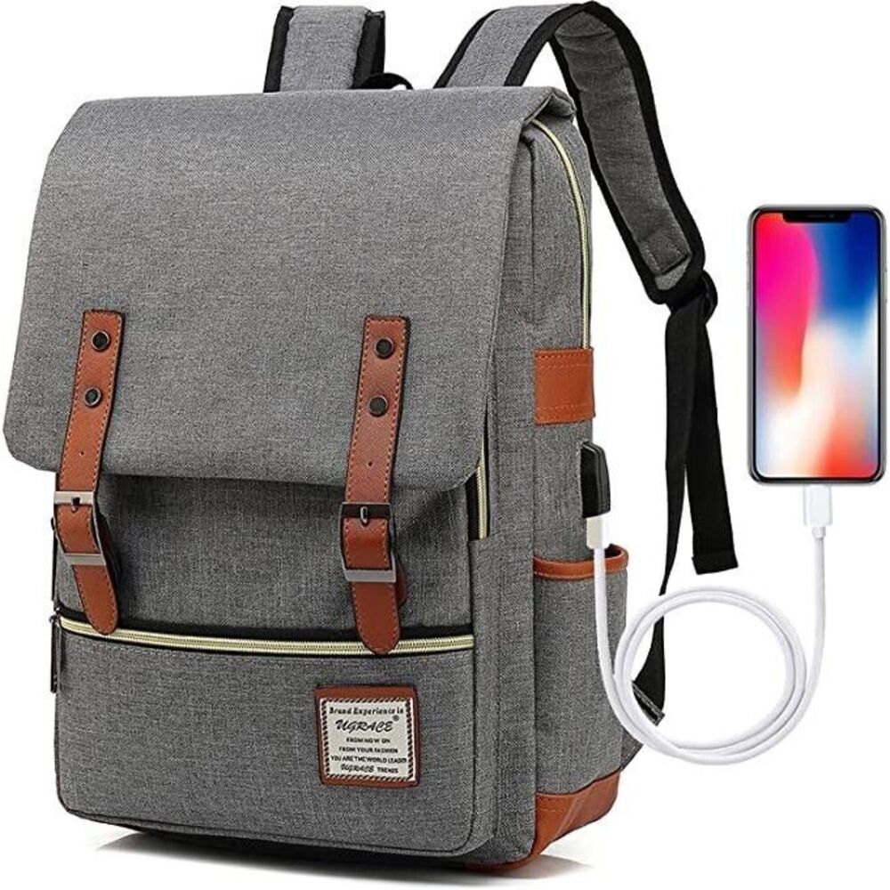 Canvas Grey 15.6" Laptop Backpack USB Charging Port - British Vintage Style - Picture 1 of 15